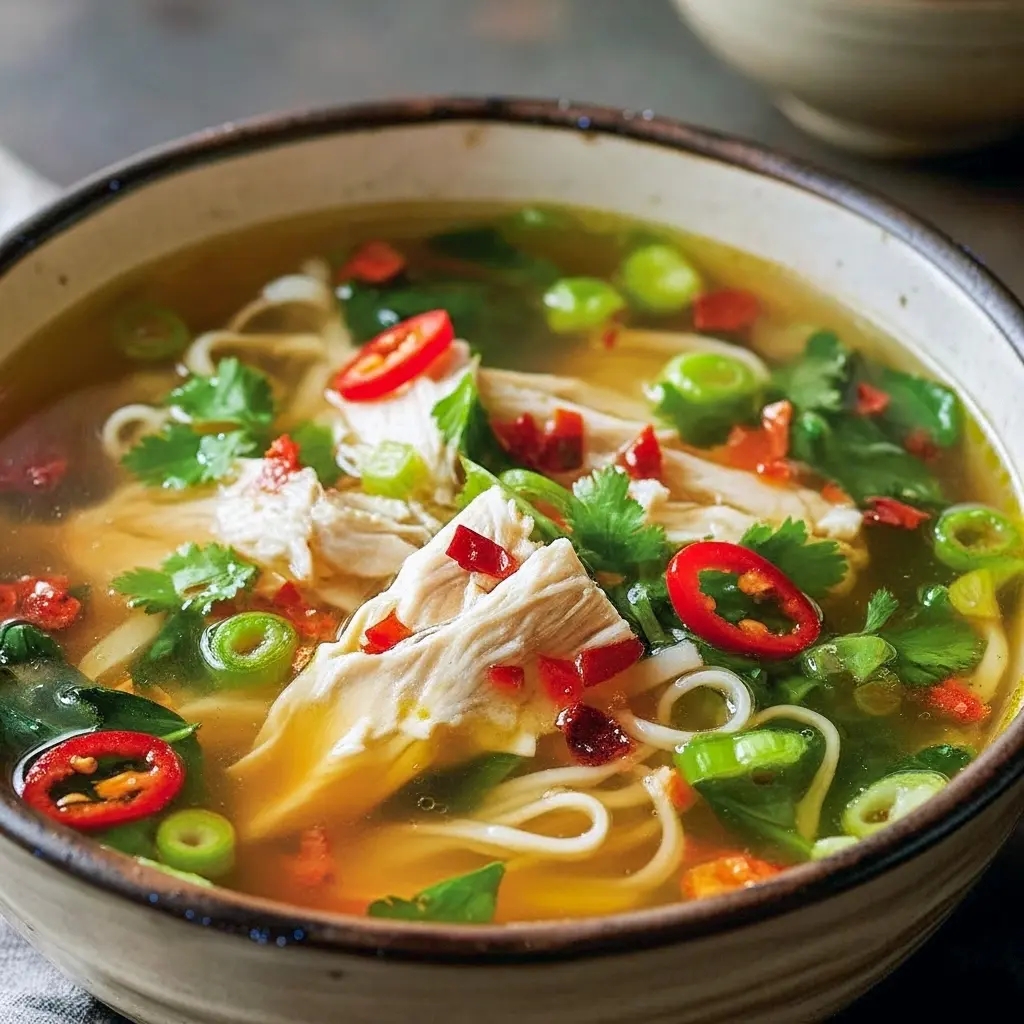 Steaming bowl of ginger-garlic chicken noodle soup with sliced chicken, carrots, bok choy, noodles, and chopped green onions, Very Easy Soup Recipe.