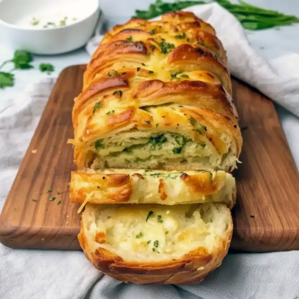 Golden pull-apart loaf layered with melted cheese, garlic butter, and parsley on a wooden board with a small bowl of marinara dip, Pull Apart Garlic Bread.
