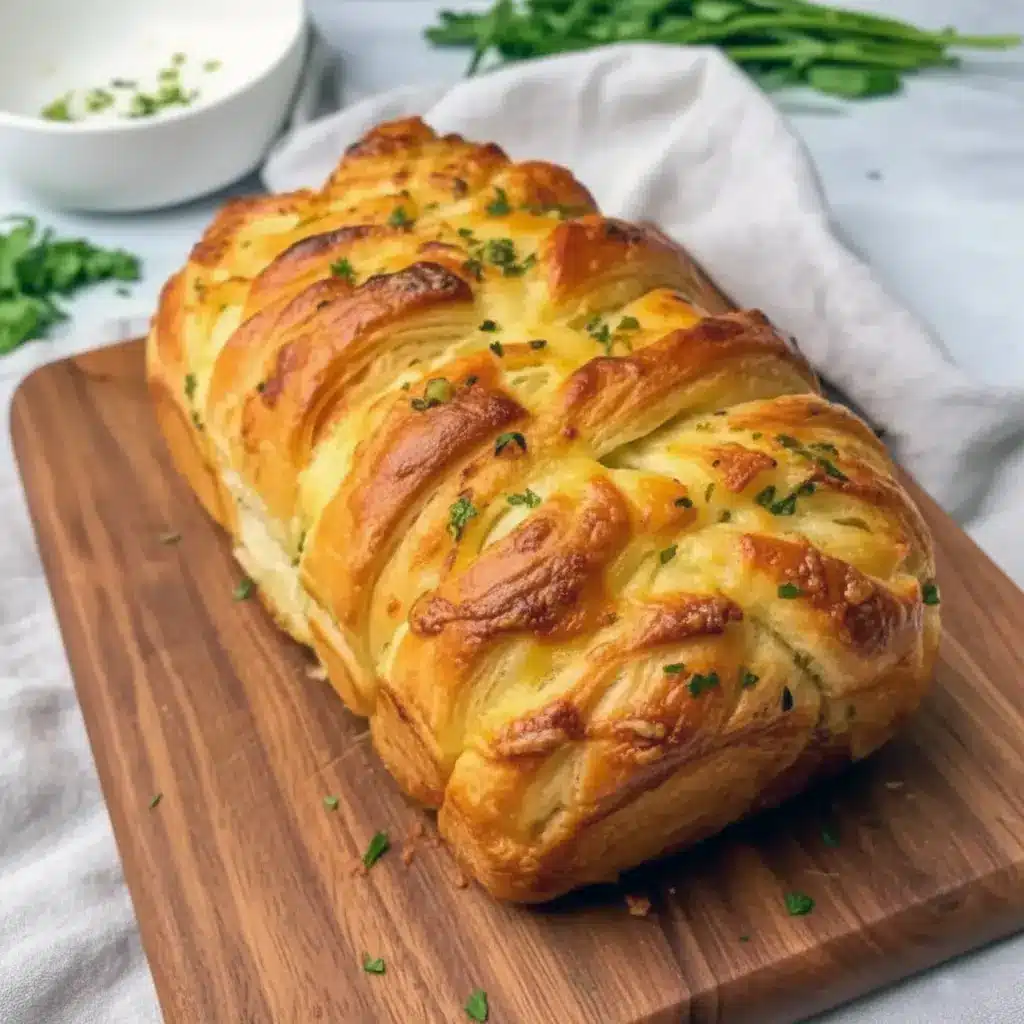 Golden pull-apart loaf layered with melted cheese, garlic butter, and parsley on a wooden board with a small bowl of marinara dip, Pull Apart Garlic Bread.
