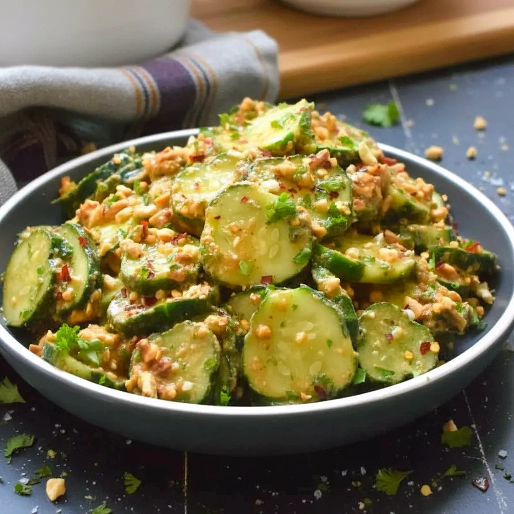 Bowl of Peanut Sauce Cucumber Salad: sliced cucumbers coated in spicy peanut dressing, topped with toasted peanuts and parsley — a bright Peanut Butter Lunch or side dish.