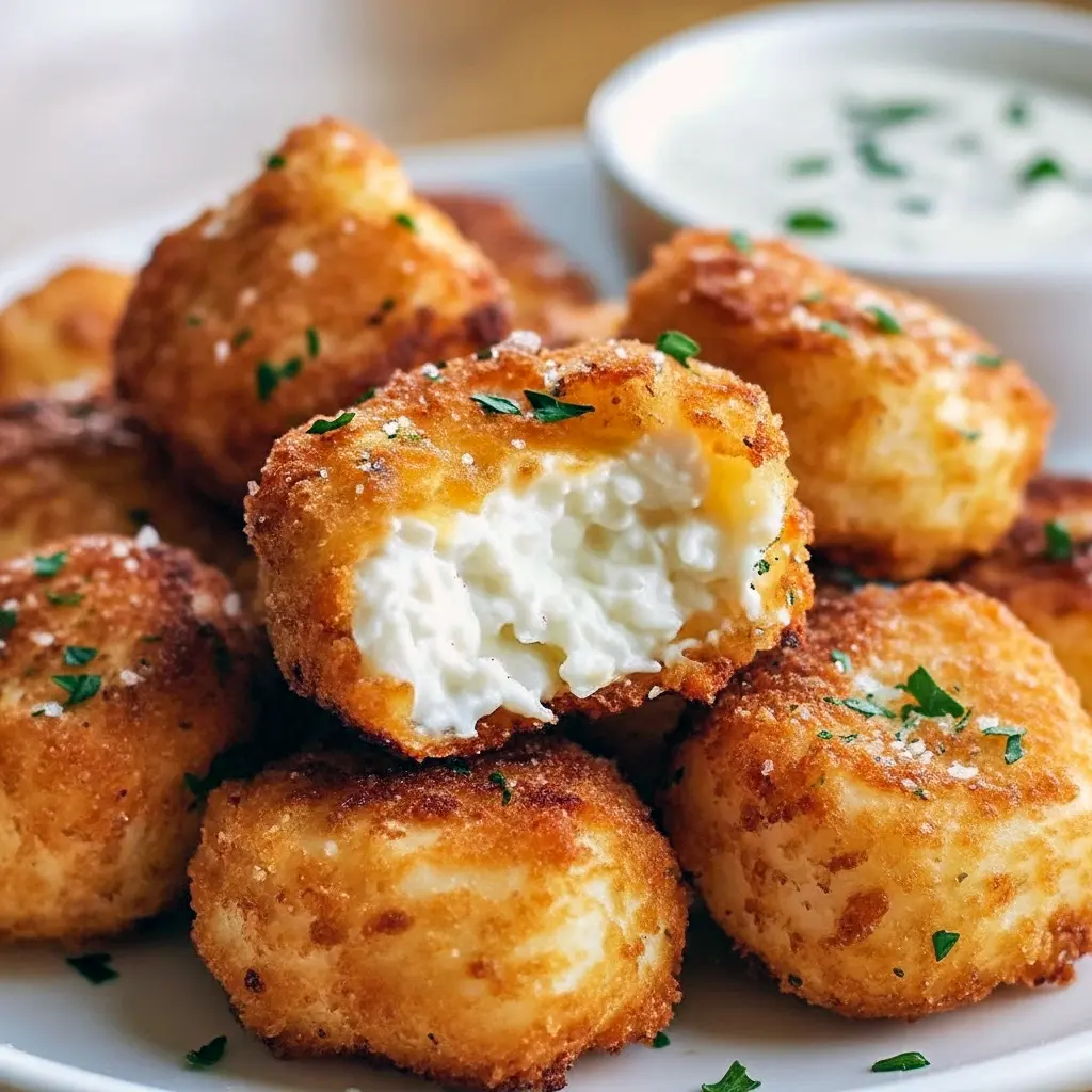 Close-up of golden Cottage Cheese Snack tots on a wooden board with a small bowl of creamy dip — a top Simple Snack Ideas pick.