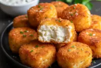 Close-up of golden Cottage Cheese Snack tots on a wooden board with a small bowl of creamy dip — a top Simple Snack Ideas pick.