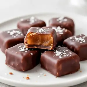 Close-up of dark chocolate–coated date caramels on parchment paper with one piece sliced to show the chewy caramel center and a sprinkle of flaky sea salt, Date Treats.