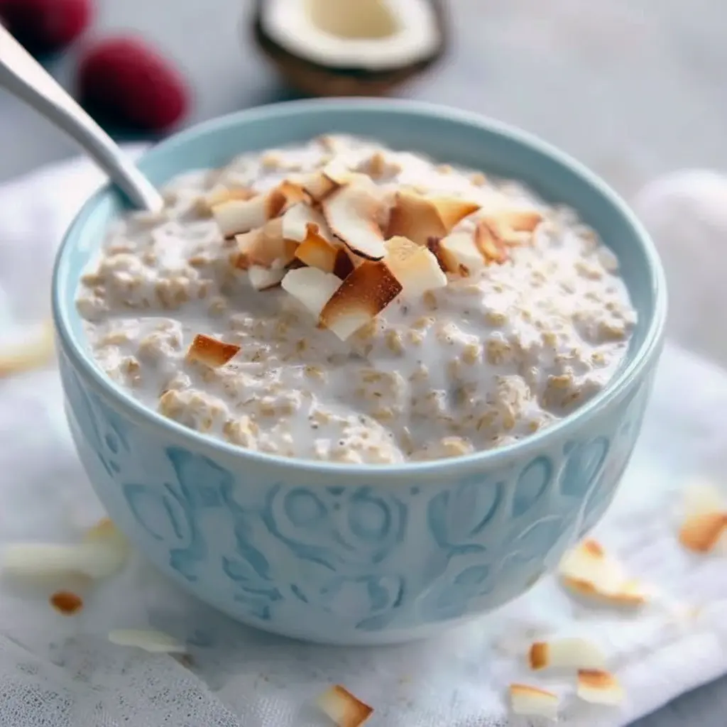 Jar of creamy coconut overnight oats topped with whipped cream, banana slices, and toasted shredded coconut, Creamy Oats With Coconut Milk.