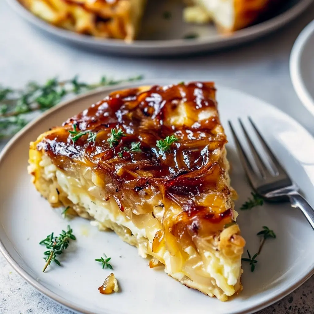 Slice of golden High Protein Soft Meals Caramelized Onion & Gruyère Cottage Cheese Bake on a plate, showing jammy onions and melted cheese — perfect among Casseroles Using Cottage Cheese and a top High Protein Comfort Meals pick.