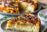 Slice of golden High Protein Soft Meals Caramelized Onion & Gruyère Cottage Cheese Bake on a plate, showing jammy onions and melted cheese — perfect among Casseroles Using Cottage Cheese and a top High Protein Comfort Meals pick.