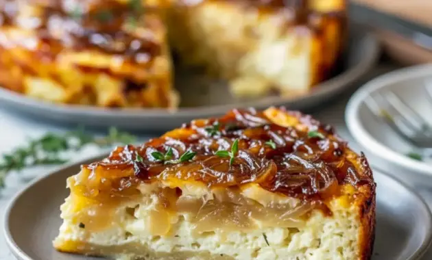 Slice of golden High Protein Soft Meals Caramelized Onion & Gruyère Cottage Cheese Bake on a plate, showing jammy onions and melted cheese — perfect among Casseroles Using Cottage Cheese and a top High Protein Comfort Meals pick.