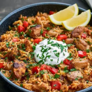 Close-up of golden-browned chicken strips nestled in fragrant basmati rice, garnished with chopped parsley, toasted almonds, and a lemon wedge, One Pot Chicken Shawarma Rice.