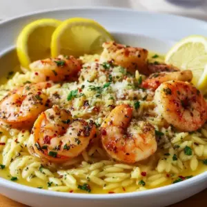Close-up of lemon-garlic shrimp plated over orzo pasta, garnished with chopped parsley and lemon wedges, Shrimp Orzo with Lemon Garlic Sauce.
