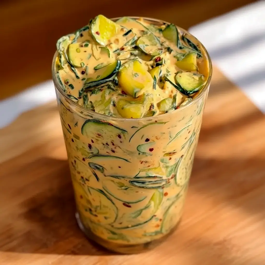 Jar of Creamy Asian Cucumber Salad showing thin cucumber slices, shredded carrots, edamame, tofu, and sesame seeds — a fresh, portable bowl ideal for Easy Light Dinners For Two.