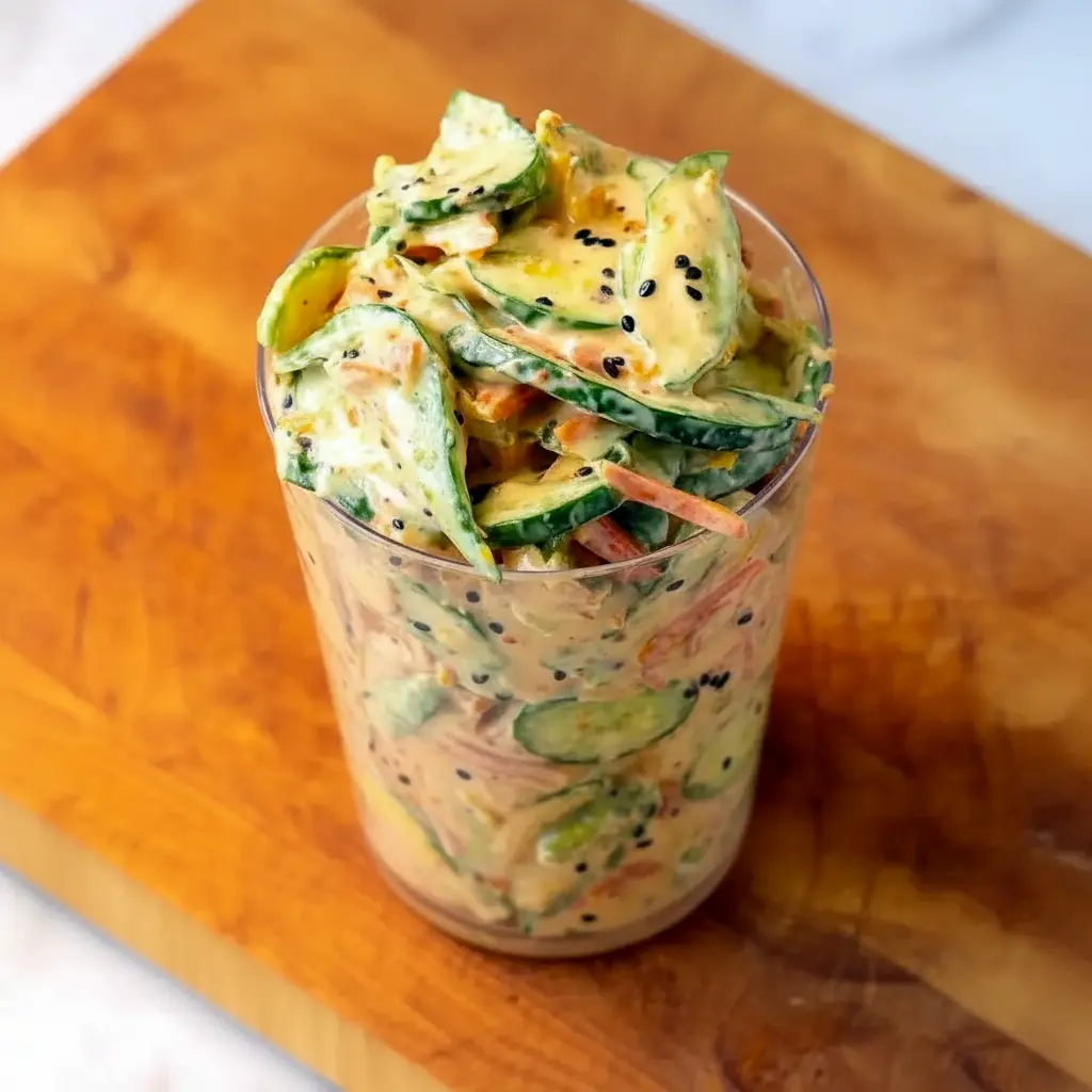 Jar of Creamy Asian Cucumber Salad showing thin cucumber slices, shredded carrots, edamame, tofu, and sesame seeds — a fresh, portable bowl ideal for Easy Light Dinners For Two.