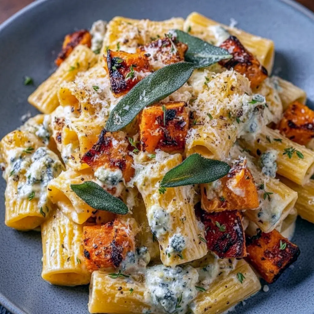 Close-up of pasta with caramelized sweet potato cubes, melted goat cheese, and fried sage — a signature Fresh Winter Recipes dish that doubles as an elegant Goat Cheese Dinner or hearty Fall Pasta Side Dishes option.