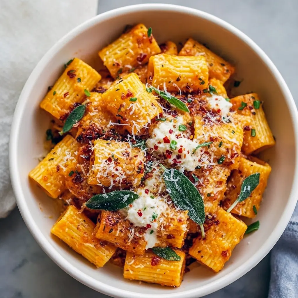 Close-up of pasta with caramelized sweet potato cubes, melted goat cheese, and fried sage — a signature Fresh Winter Recipes dish that doubles as an elegant Goat Cheese Dinner or hearty Fall Pasta Side Dishes option.
