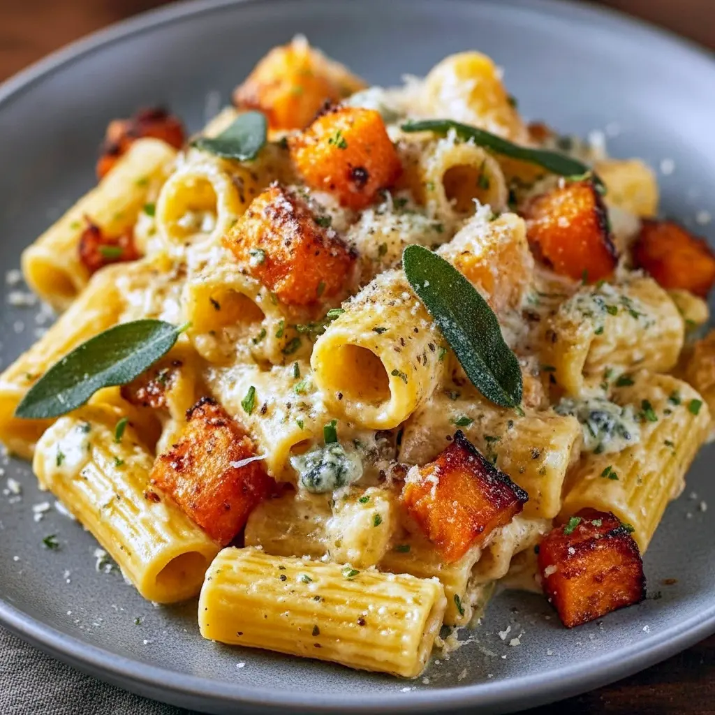 Close-up of pasta with caramelized sweet potato cubes, melted goat cheese, and fried sage — a signature Fresh Winter Recipes dish that doubles as an elegant Goat Cheese Dinner or hearty Fall Pasta Side Dishes option.