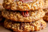 Close-up of golden Pecan Pie Oatmeal Cookies sprinkled with chopped pecans and a shiny syrupy drizzle — classic Pecan Oatmeal Cookies on parchment, ready to be devoured.