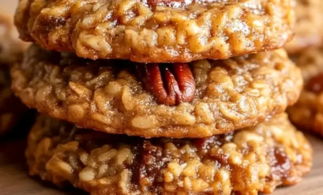 Close-up of golden Pecan Pie Oatmeal Cookies sprinkled with chopped pecans and a shiny syrupy drizzle — classic Pecan Oatmeal Cookies on parchment, ready to be devoured.