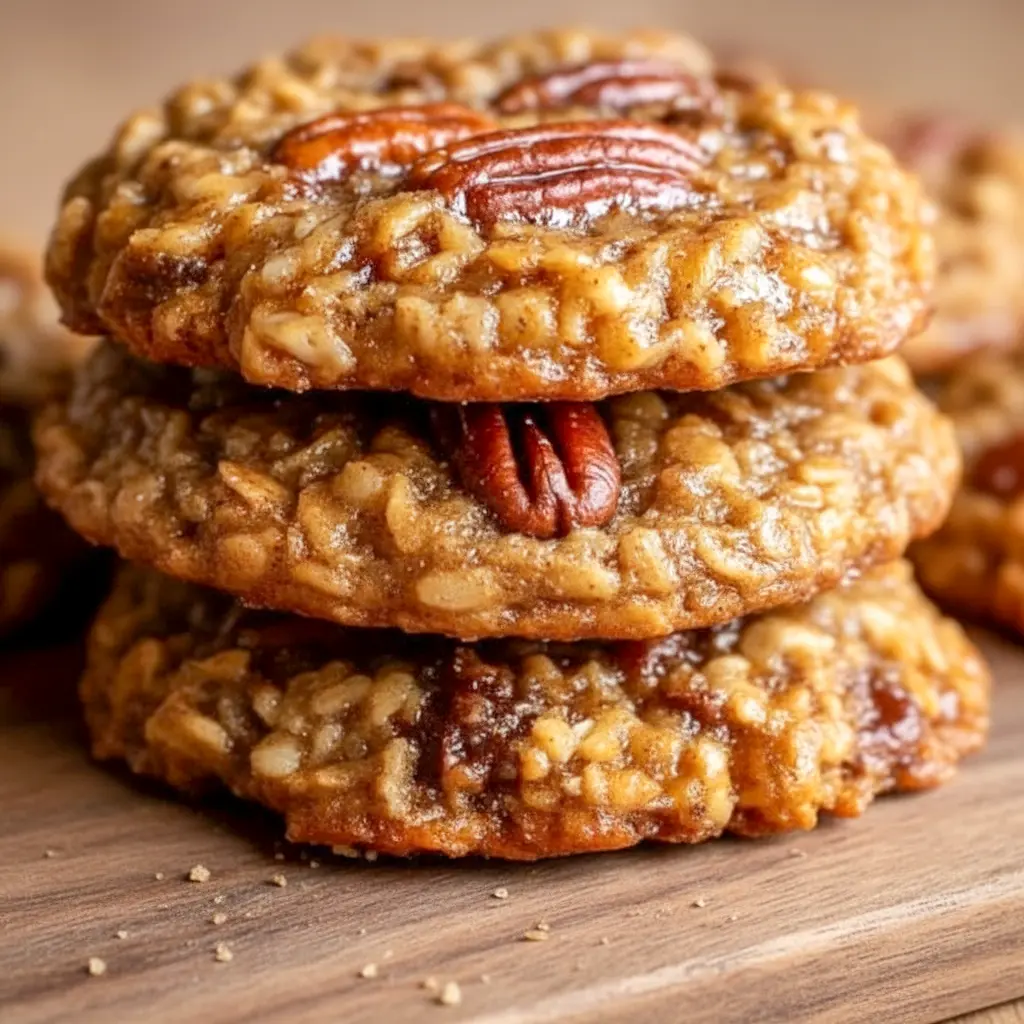 Close-up of golden Pecan Pie Oatmeal Cookies sprinkled with chopped pecans and a shiny syrupy drizzle — classic Pecan Oatmeal Cookies on parchment, ready to be devoured.