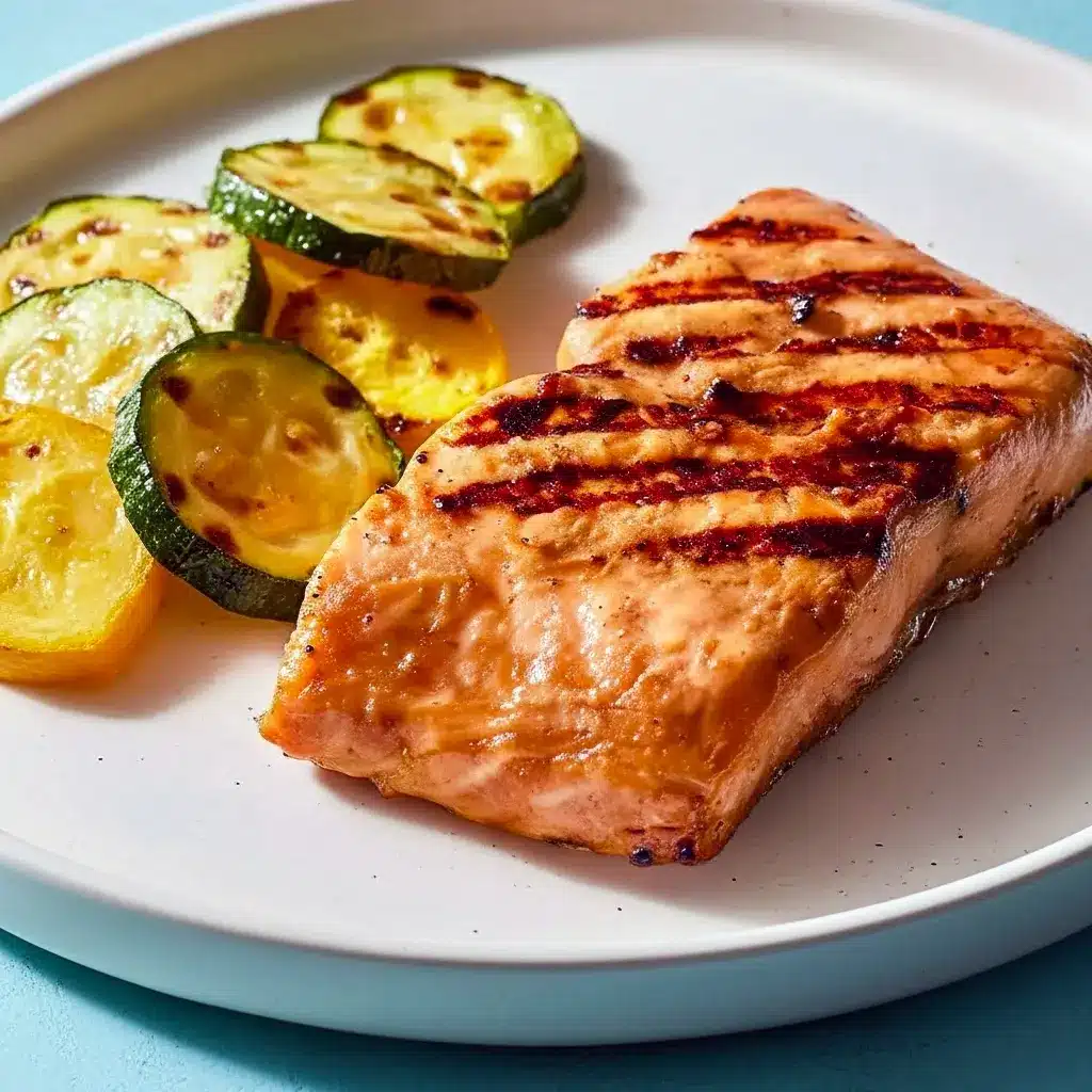 Close-up of Grilled Salmon fillet with glossy soy-brown sugar glaze, char marks, lemon wedge, and parsley — highlighting the Salmon Soy Sauce caramelization.