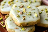 Pistachio Shortbread Cookies — golden, buttery rounds studded with chopped pistachios, dusted with powdered sugar; a beautiful tray-ready Shortbread Biscuits shot.
