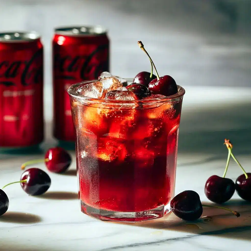 Chilled Cherry Cola Margarita in a rocks glass with muddled cherries, lime wedge, and cola fizz — a bright Cherry Cocktail Recipe perfect for summer.