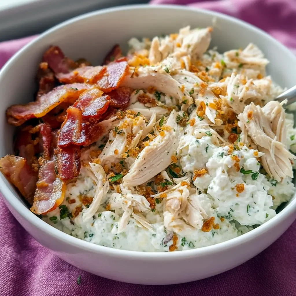 Chicken Bacon Ranch Cottage Cheese Bowl in a white bowl topped with shredded chicken, chopped bacon, and herbs — a cozy Macro-Friendly Dinner close-up.