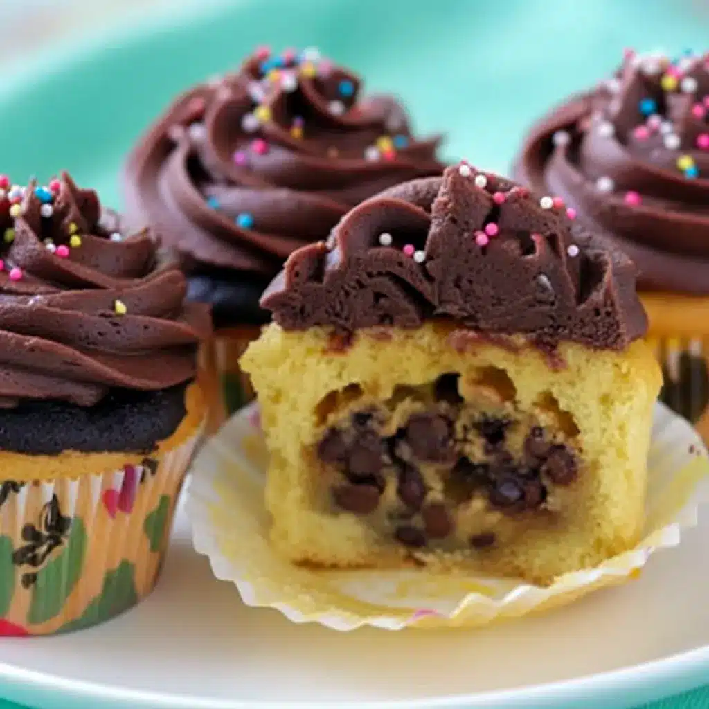 Close-up of a Chocolate Chip Cookie Dough Cupcakes split open to reveal a gooey cookie-dough center studded with mini chocolate chips, on a cooling rack.