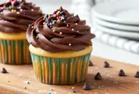 Close-up of a Chocolate Chip Cookie Dough Cupcakes split open to reveal a gooey cookie-dough center studded with mini chocolate chips, on a cooling rack.