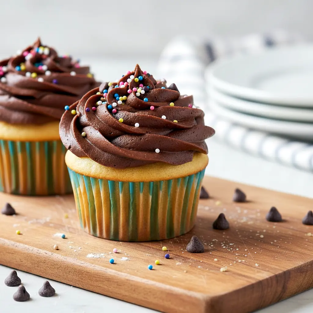 Close-up of a Chocolate Chip Cookie Dough Cupcakes split open to reveal a gooey cookie-dough center studded with mini chocolate chips, on a cooling rack.