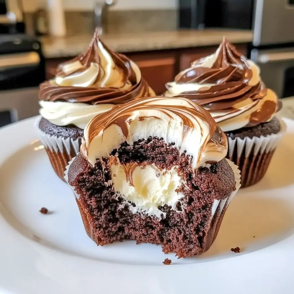 Close-up of Chocolate Coffee Cream Cupcakes showing a pillowy coffee-cream center and shiny dark chocolate ganache.