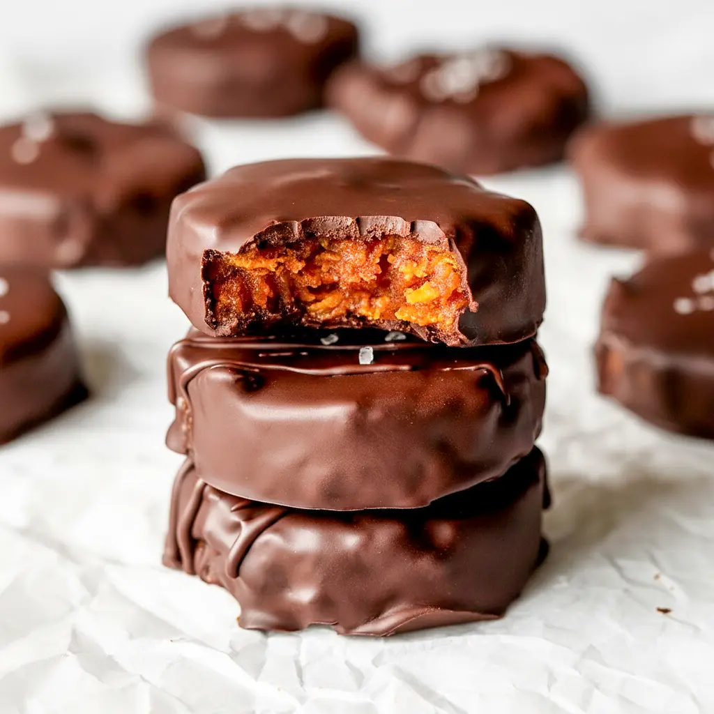 A stack of Chocolate Peanut Butter Cornflake Bites with glossy chocolate coating on a plate — a simple Cornflakes Recipe for busy snackers.