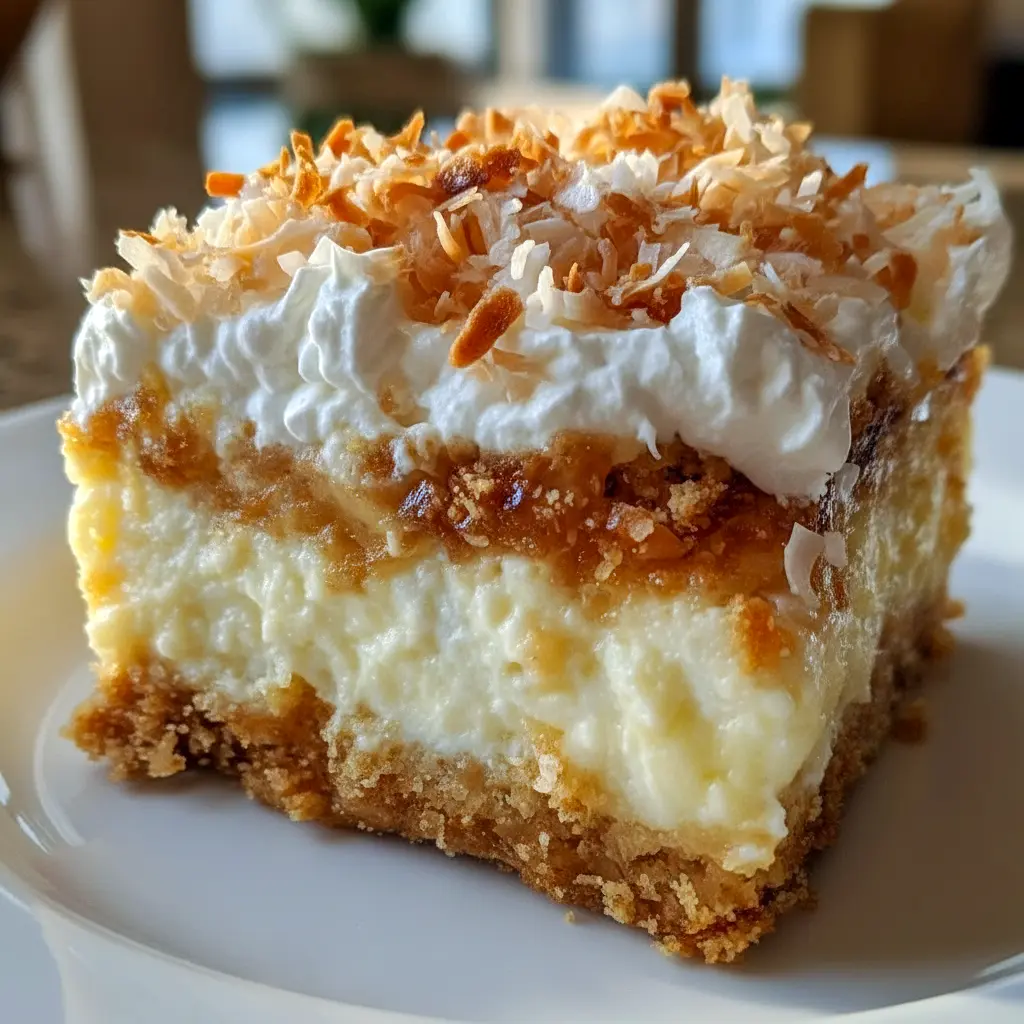 Overhead shot of Coconut Cream Dream Bars on a plate — chilled coconut squares topped with whipped cream and toasted coconut flakes, ready to serve.