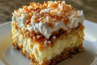 Overhead shot of Coconut Cream Dream Bars on a plate — chilled coconut squares topped with whipped cream and toasted coconut flakes, ready to serve.