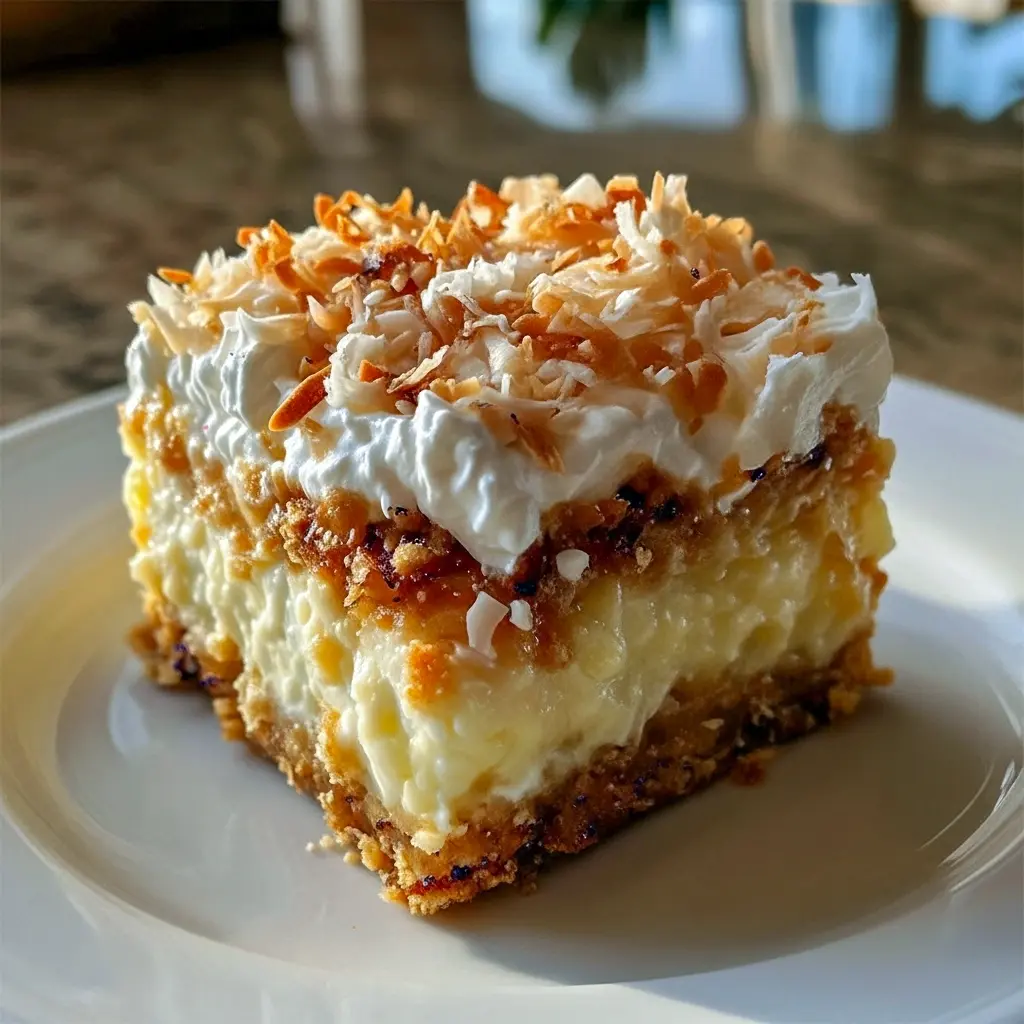 Overhead shot of Coconut Cream Dream Bars on a plate — chilled coconut squares topped with whipped cream and toasted coconut flakes, ready to serve.