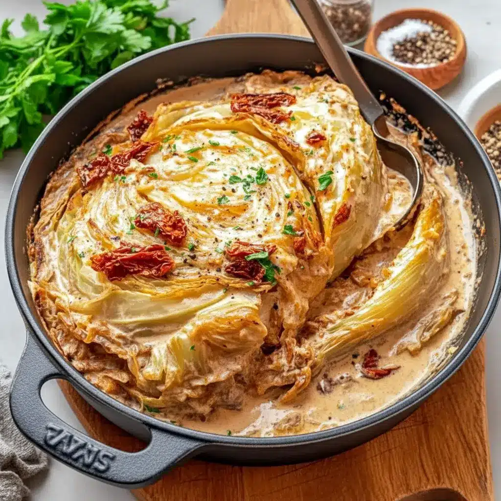 Skillet of golden, creamy Marry Me Melting Cabbage braised in a Tuscan-style sauce, garnished with parsley — a comforting Comfort Dishes and Cabbage Recipes plate ideal for Veggie Dishes.