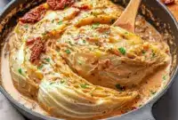 Skillet of golden, creamy Marry Me Melting Cabbage braised in a Tuscan-style sauce, garnished with parsley — a comforting Comfort Dishes and Cabbage Recipes plate ideal for Veggie Dishes.