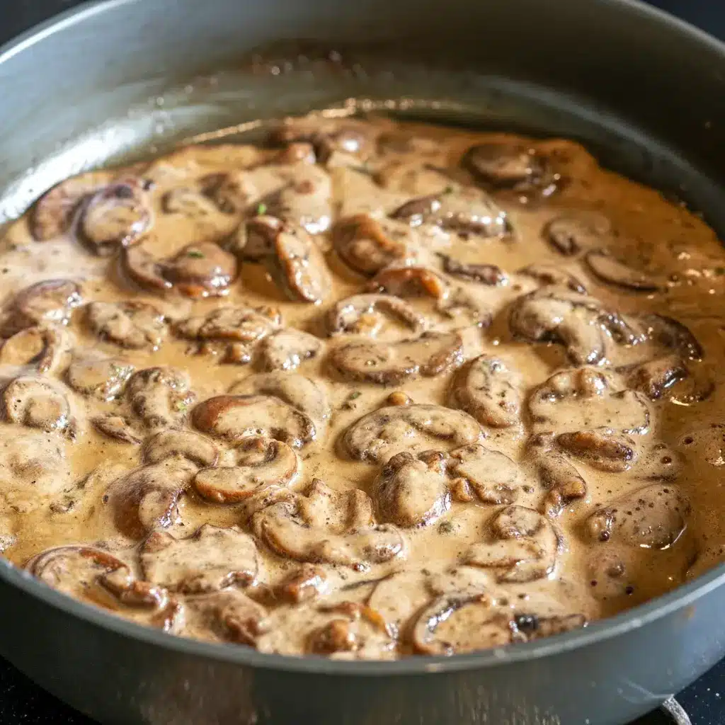 Close-up of Balsamic Mushroom Pasta coated in a glossy Balsamic Sauce For Pasta, finished with grated Parmesan and fresh thyme.