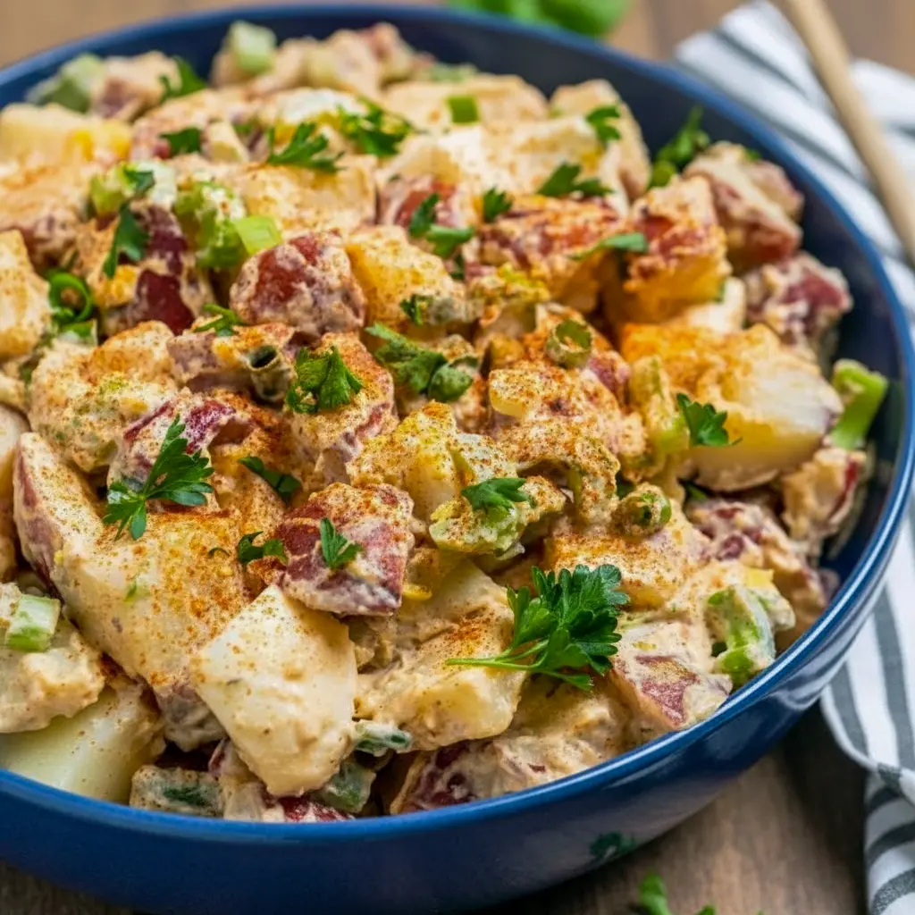 Bowl of creamy Cajun potato salad garnished with parsley and smoked paprika — a tasty Summer Southern Food side and top-rated Cajun Sides option for picnics and barbecues.