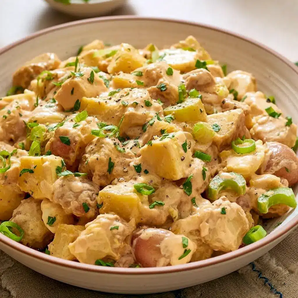 Bowl of creamy Cajun potato salad garnished with parsley and smoked paprika — a tasty Summer Southern Food side and top-rated Cajun Sides option for picnics and barbecues.