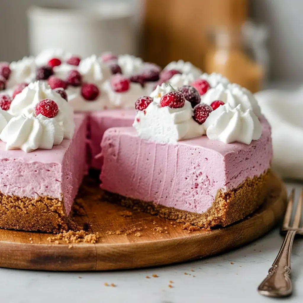Cranberry Mousse Pie slice on a white plate, topped with whipped cream, sugared cranberries, and a rosemary sprig.