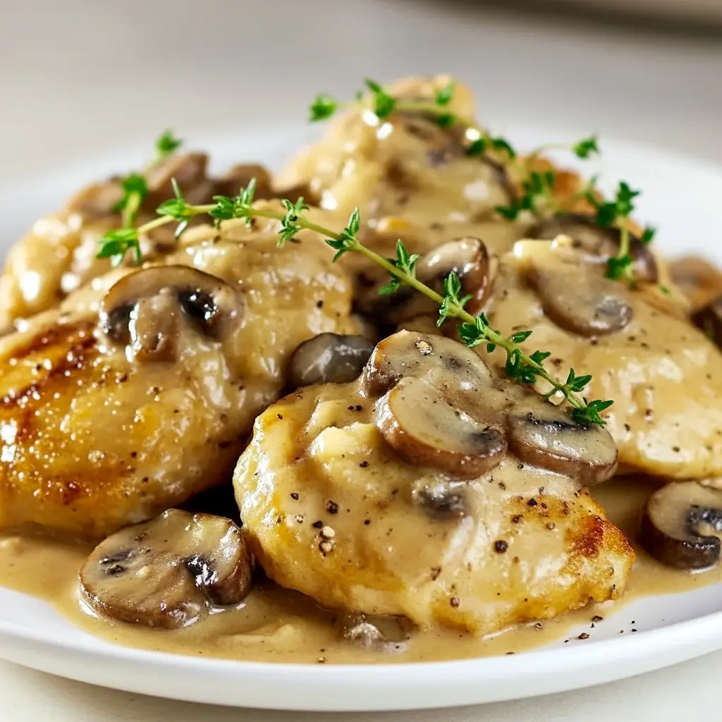 Mushroom Asiago Chicken Recipe — skillet of tender chicken in a creamy Asiago-mushroom sauce, garnished with thyme and grated cheese.