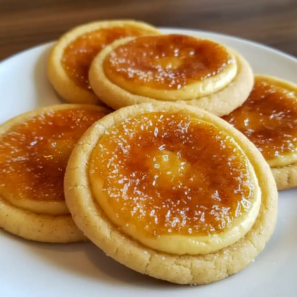 Creme Brule Cookies on a platter, caramelized golden tops cracked to reveal a tender, creamy center, styled with a sprinkle of coarse sugar.