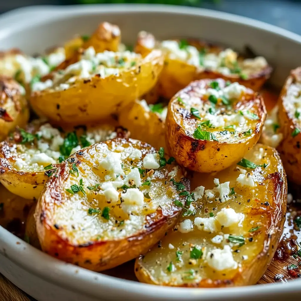 Golden, crispy wedges of Greek Lemon Potatoes in a roasting pan with lemon slices and parsley — ideal Sides For Fish Dishes or a zesty Fun Veggie Side Dishes option.