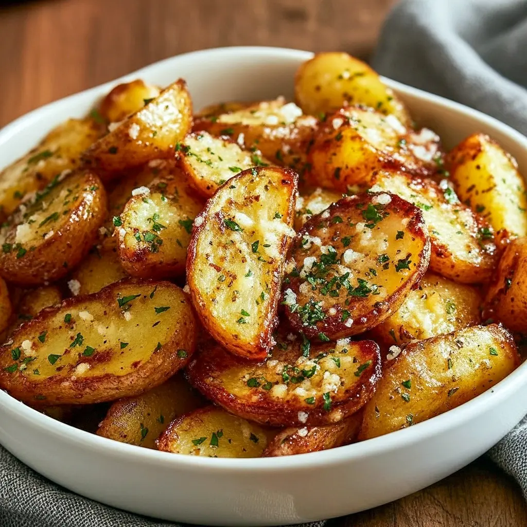 Golden, crispy wedges of Greek Lemon Potatoes in a roasting pan with lemon slices and parsley — ideal Sides For Fish Dishes or a zesty Fun Veggie Side Dishes option.