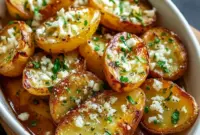 Golden, crispy wedges of Greek Lemon Potatoes in a roasting pan with lemon slices and parsley — ideal Sides For Fish Dishes or a zesty Fun Veggie Side Dishes option.