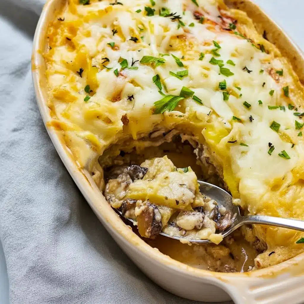 Slice of Mushroom Lasagna With Parmesan Bechamel showing creamy Mushroom Bechamel Lasagna layers, golden cheese, and a sprinkle of grated Pecorino on top.