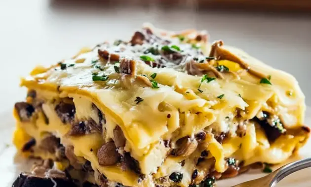 Slice of Mushroom Lasagna With Parmesan Bechamel showing creamy Mushroom Bechamel Lasagna layers, golden cheese, and a sprinkle of grated Pecorino on top.
