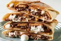 Close-up of a halved S’mores Crunchwrap showing oozing chocolate and marshmallow with a golden, cinnamon-sugar coated tortilla.