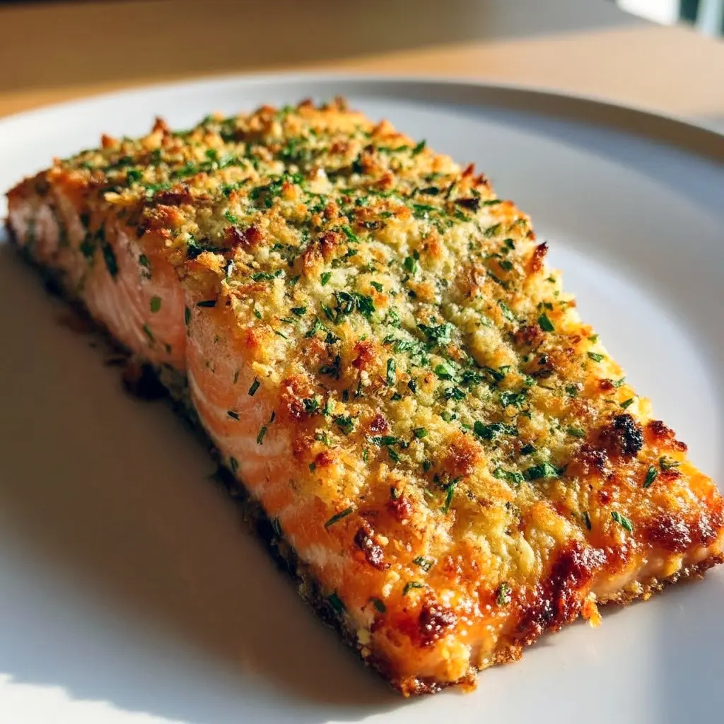 Parmesan-Crusted Salmon on a plate with lemon wedges and greens — golden crust and flaky fish, a classic Salmon Dinner Idea.