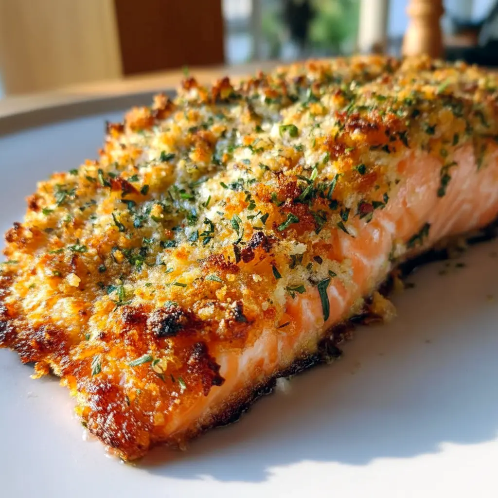 Parmesan-Crusted Salmon on a plate with lemon wedges and greens — golden crust and flaky fish, a classic Salmon Dinner Idea.