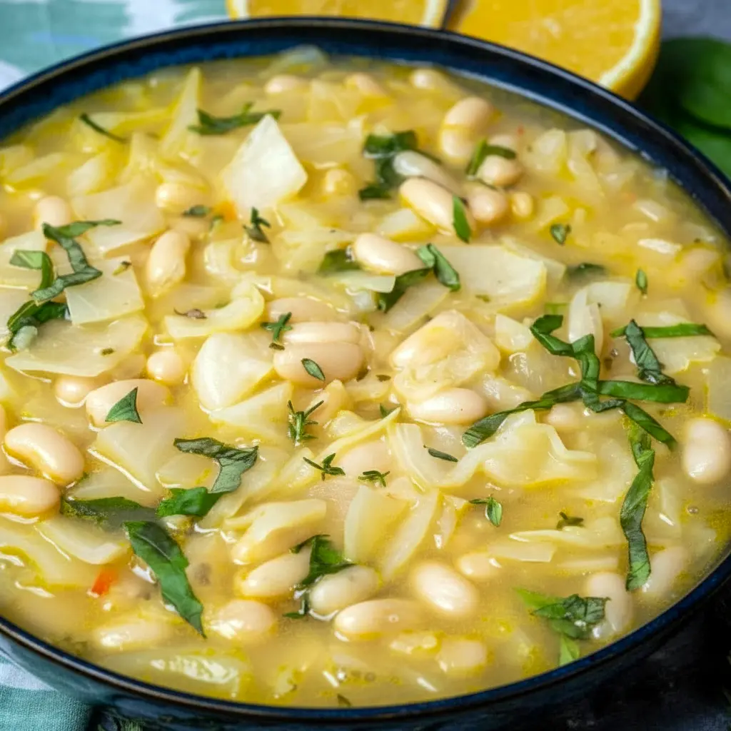 Bowl of steaming Bean And Cabbage Soup with shredded cabbage, white beans, fresh basil, and a lemon wedge, served with crusty bread.